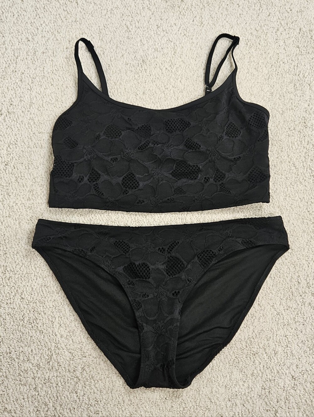 Aerie Bikini Swimsuit Womens XL Black Floral Eyelet Padded Adjustable